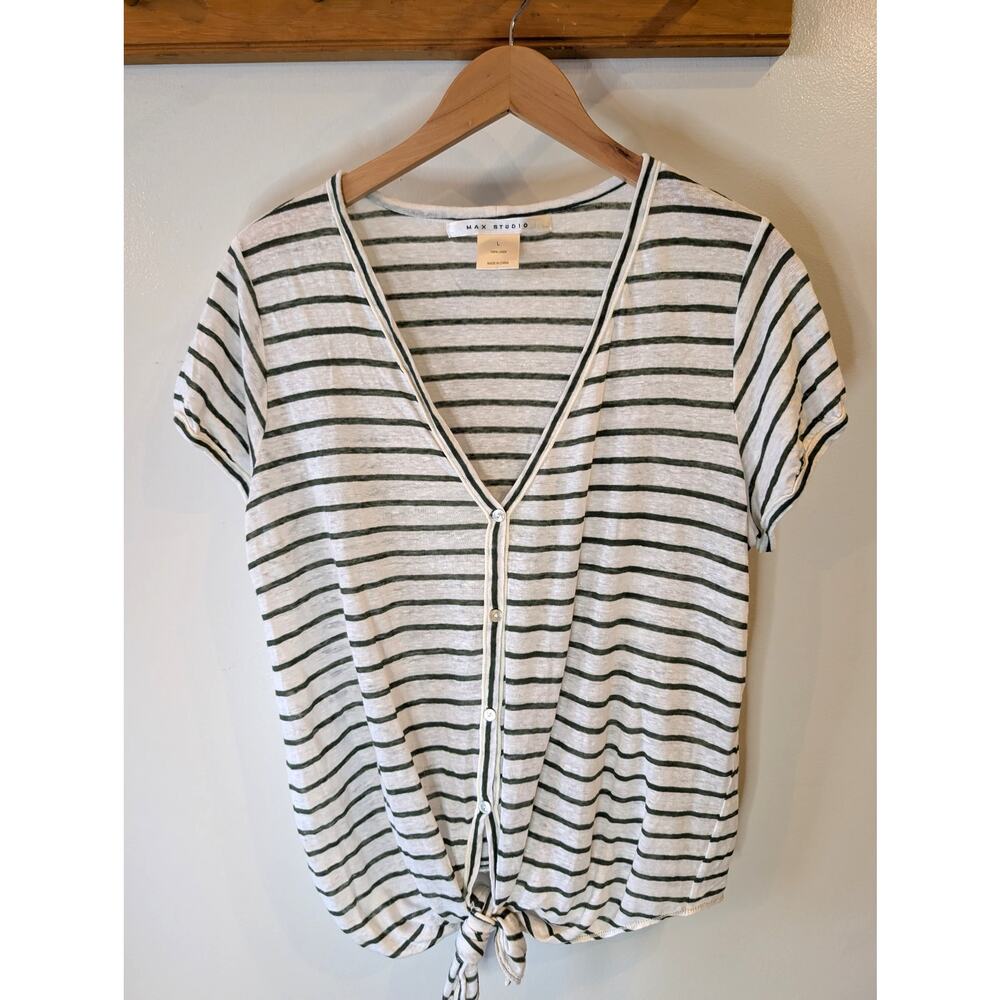 Max Studio 100% Linen Stripe Tie Front Button Top Green White Large Nautical